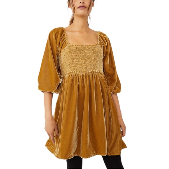 Free People Daphne Velvet Mustard Yellow Mini Dress - Picture 1 of 8